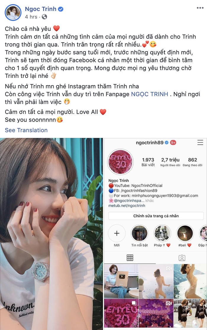 Ngoc Trinh bat ngo khoa Facebook, ly do cung khien ai bat ngo