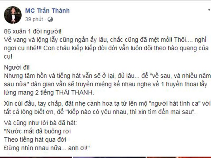 Tran Thanh va loat sao thuong tiec danh ca Thai Thanh qua doi