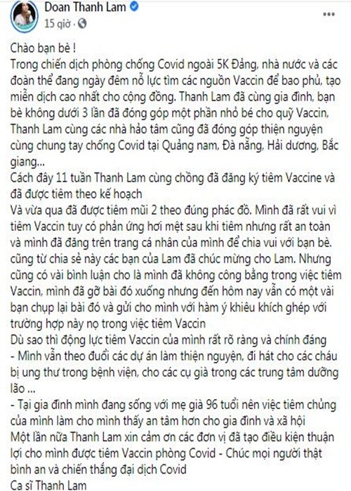 Thanh Lam len tieng ve on ao da tiem 2 mui vac xin COVID-19