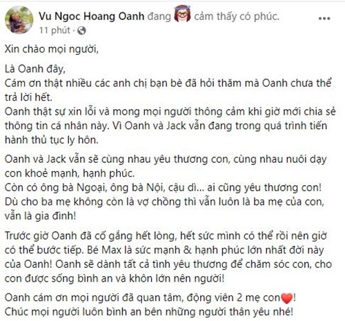 Nong: Hoang Oanh lan dau len tieng ve thong tin ly hon chong ngoai quoc