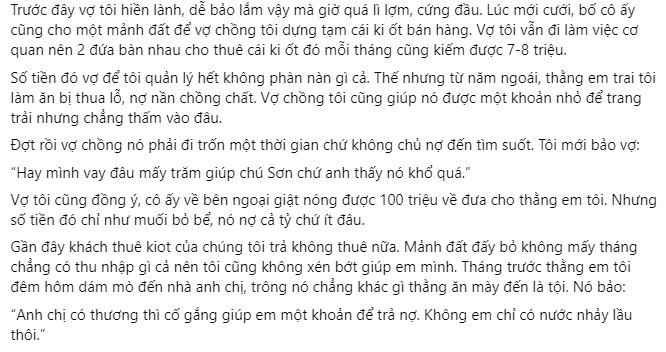 Bo vo vi khong chiu cho em chong vay 500 trieu tra no