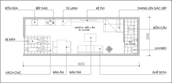 Thiet ke nha cap 4 rong 27m2 cho gia dinh 3 nguoi