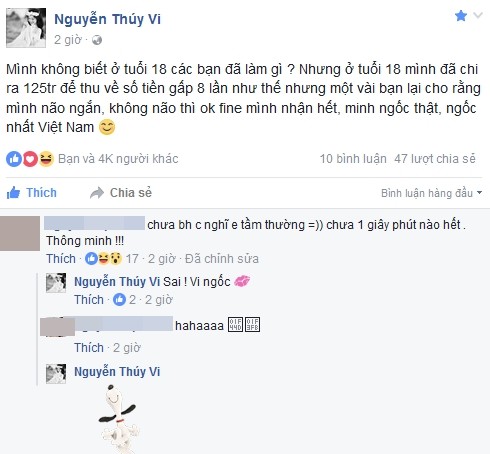 Bi che nao ngan, Thuy Vi cong khai kha nang kiem tien