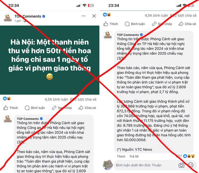 Mot nguoi “duoc thuong 50 trieu do to giac vi pham giao thong” la Fake News