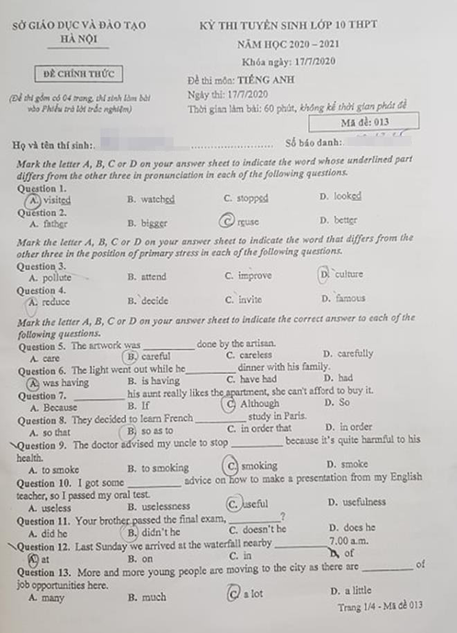 Tuyen sinh vao lop 10: De mon tieng Anh o Ha Noi