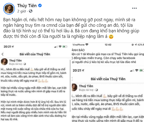 Doi tuong mao danh ca si Thuy Tien lay tien ung ho mien Trung bi xu ly sao?