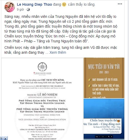 Thuc hu ba Le Hoang Diep Thao dang thong tin kem than thien ve Trung Nguyen?