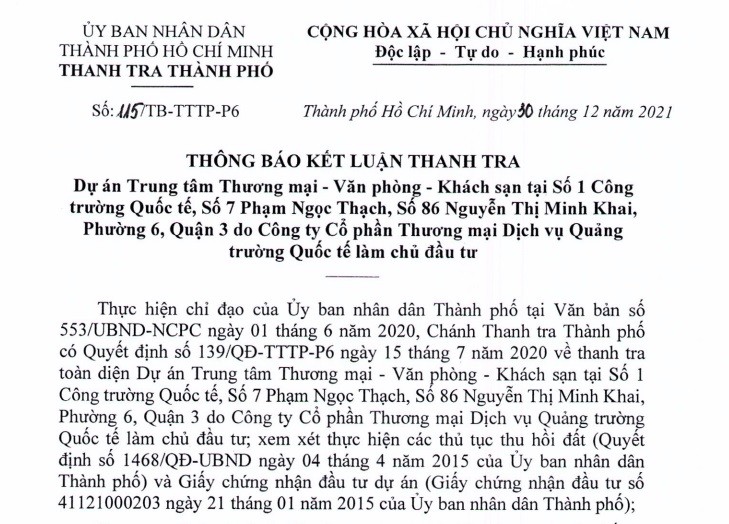 TP HCM: Nhieu sai pham tai du an Cong ty Quang truong Quoc te