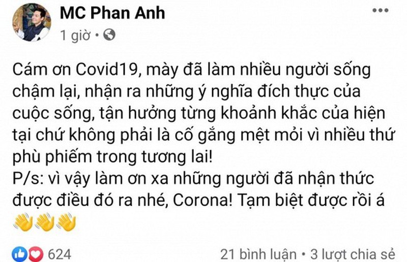 Bi nem da vi “cam on Covid-19“, MC Phan Anh tuyen bo “cach ly” Facebook-Hinh-2