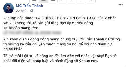 Vi sao Tran Thanh chi treo thuong 5 trieu de tim ke vu khong?