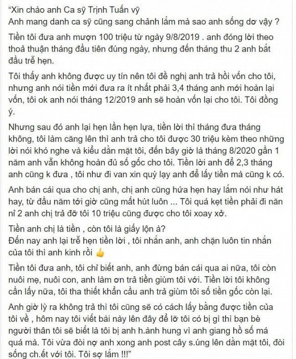 Ca si Trinh Tuan Vy len tieng khi bi to lua dao 100 trieu