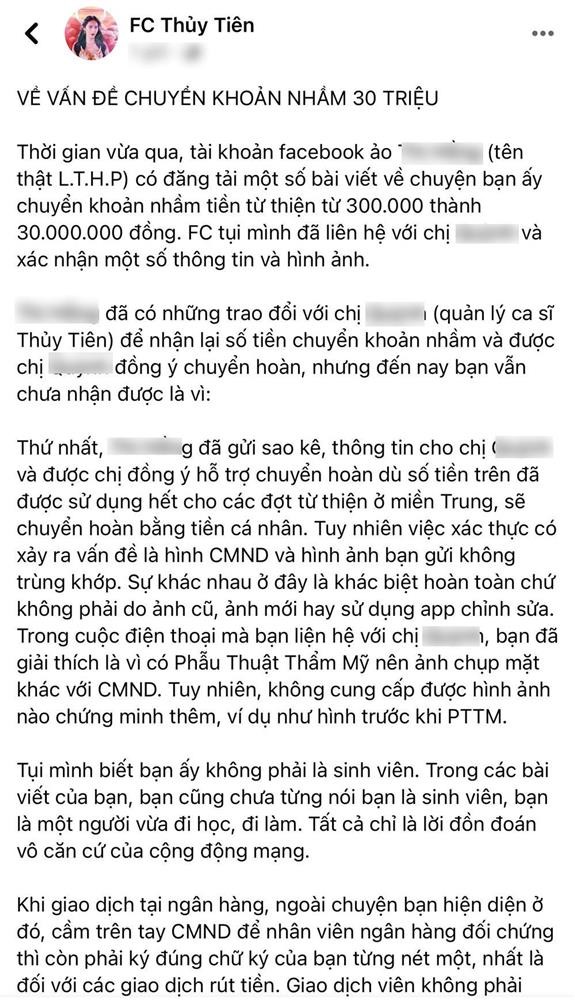 Vi sao so tien 30 trieu chuyen nham cho Thuy Tien chua tra lai?