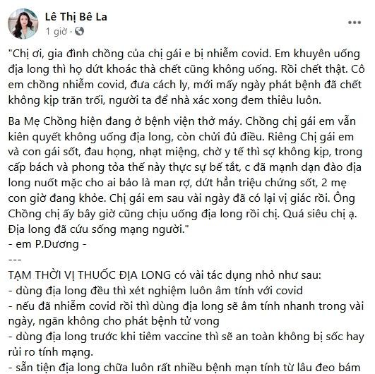 Le Be La gay phan no khi chia se loai thuoc dieu tri COVID-19