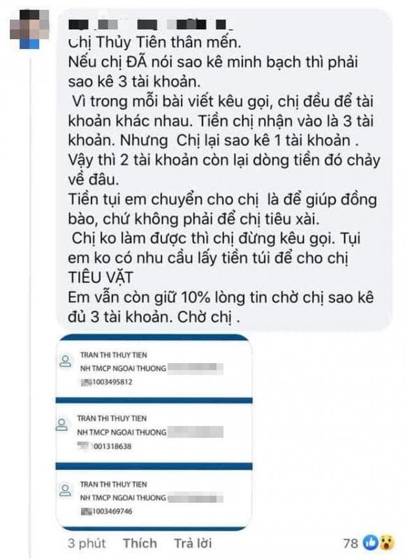 Su that Thuy Tien su dung 3 tai khoan de keu goi ung ho