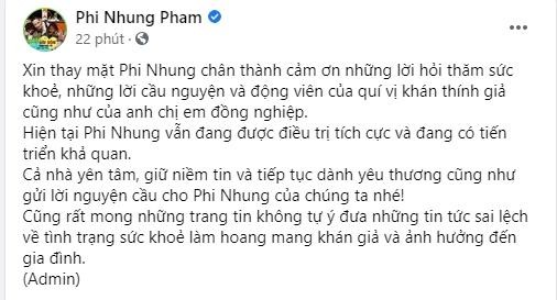Dai dien Phi Nhung thong bao nu ca si dang tien trien kha quan