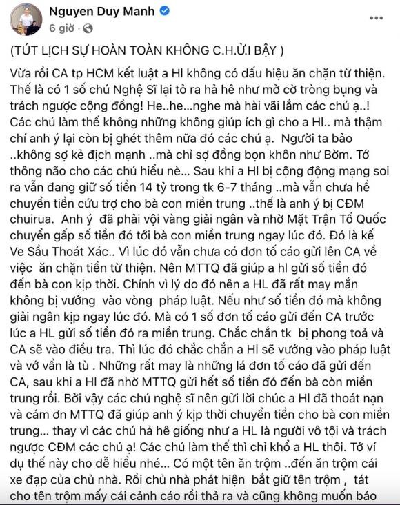 Duy Manh mang nhung nghe si chuc mung Hoai Linh: ''Kem hieu biet