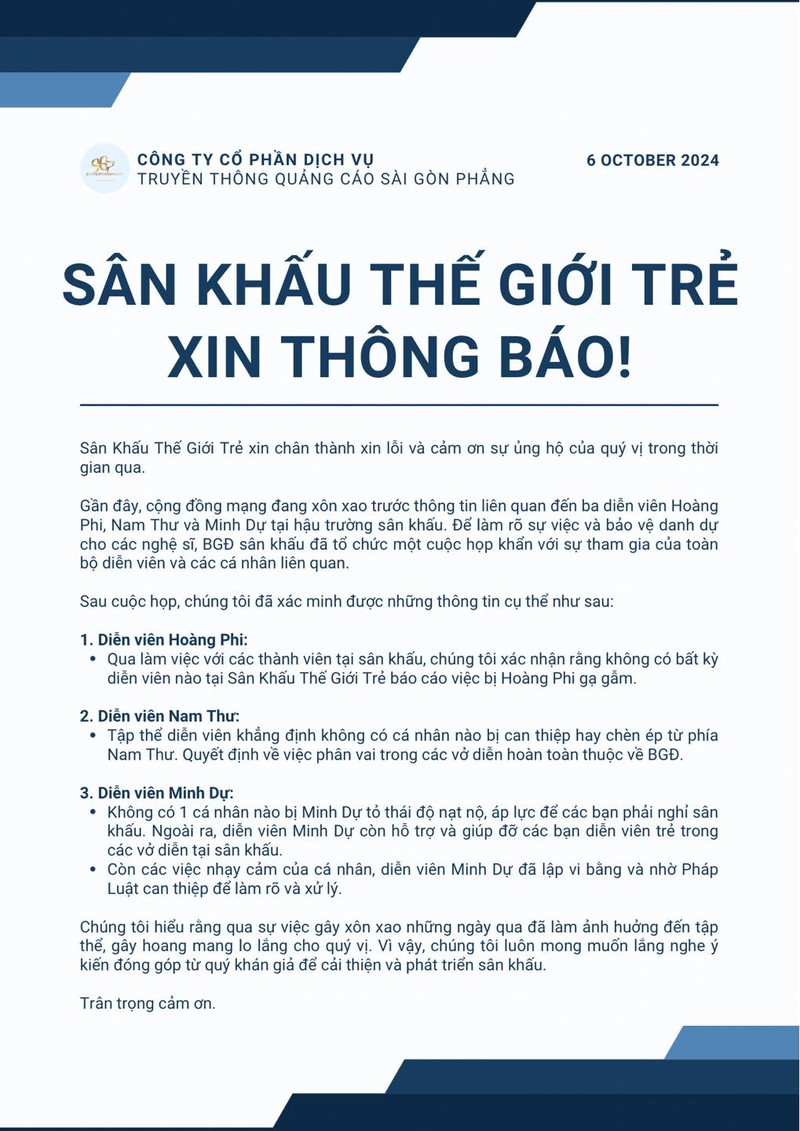 San khau The gioi Tre len tieng on ao vu Minh Du, Nam Thu