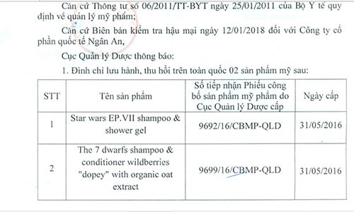 Thu hoi tren toan quoc dau goi, dau xa cua Cong ty CP Quoc te Ngan An