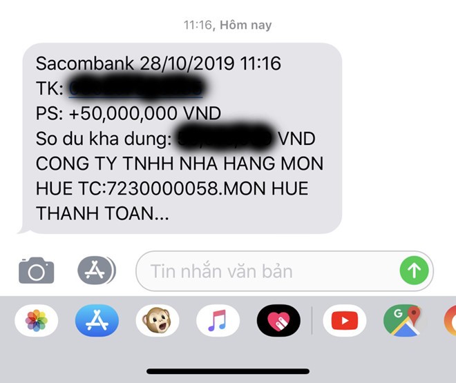 Den han thanh toan, mot nha cung cap Mon Hue duoc tra 50 trieu dong