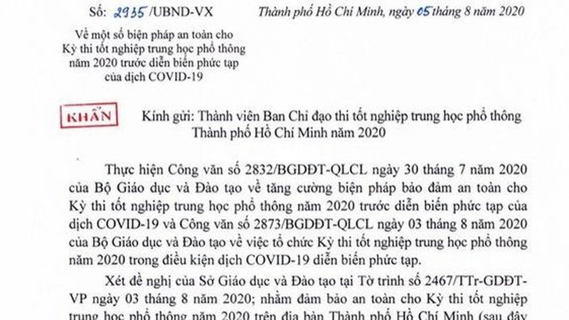 UBND TP HCM chi dao khan: Nhan su dien F0, F1, F2 khong duoc tham gia ky thi tot nghiep THPT