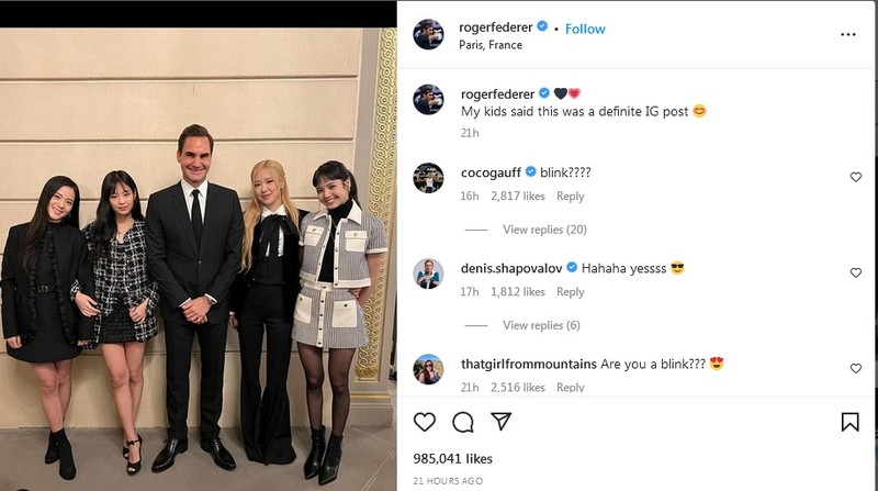 Roger Federer tao ‘bao like’ voi anh chup chung cung cac sao nu Blackpink