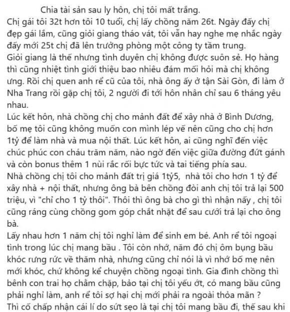 Chong ngoai tinh, vo mat trang sau ly hon vi manh dat dung ten bo me chong.