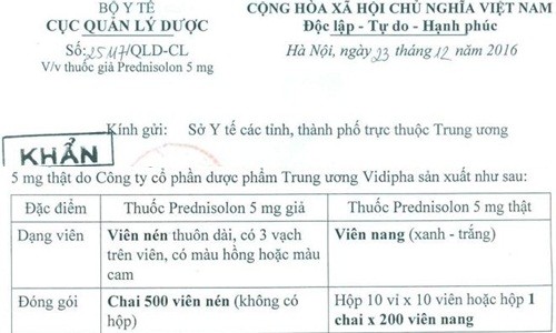 Cach nhan biet thuoc Prednisolon 5mg gia tren thi truong