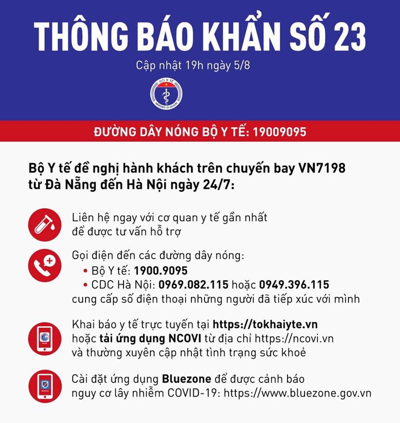 Thong bao khan tim hanh khach chuyen bay VN7198 Da Nang - Ha Noi ngay 24/7