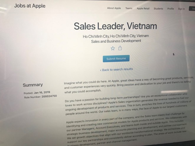 Apple tuyen Giam doc kinh doanh tai Viet Nam