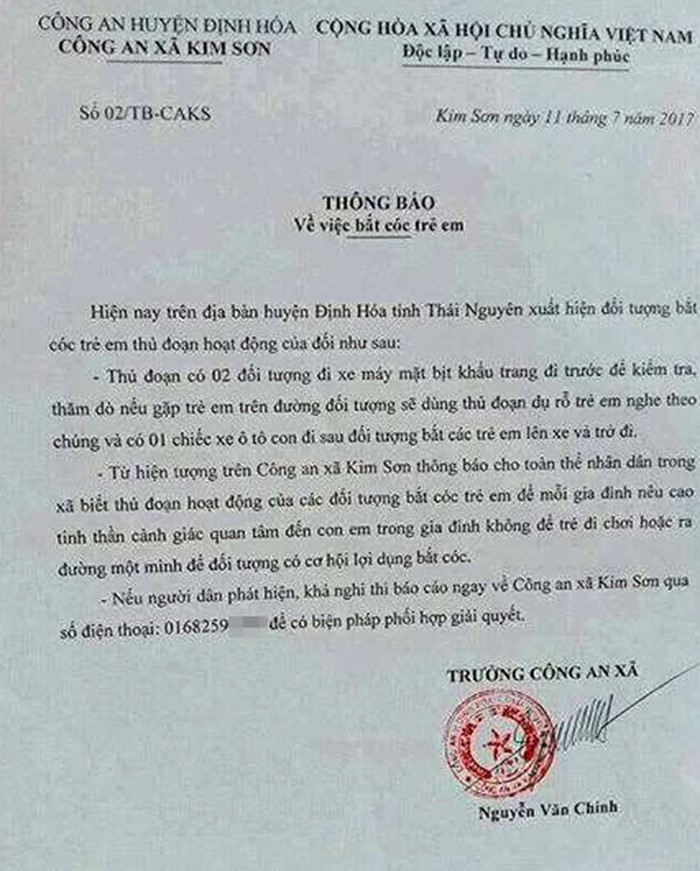 Bac bo thong bao viec bat coc tre em cua truong CA xa o Thai Nguyen