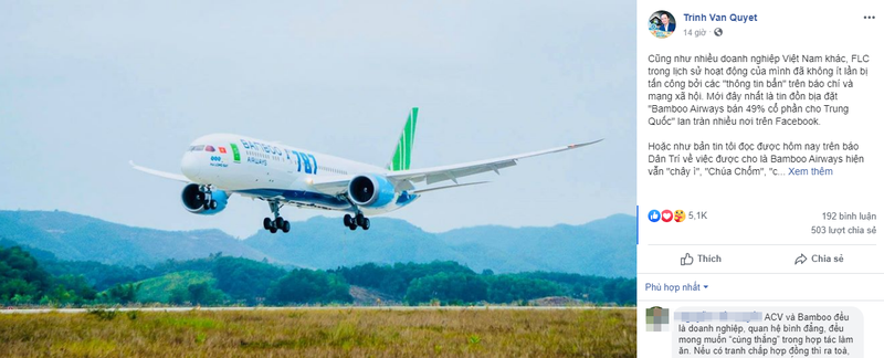 Ty phu Trinh Van Quyet noi gi ve thong tin Bamboo Airways no nhu “chua chom”?