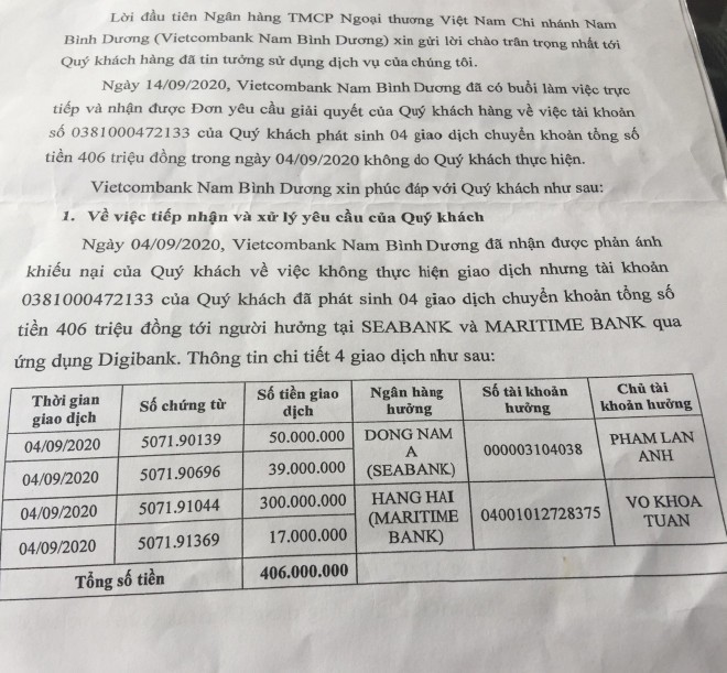 Bong dung mat hon 400 trieu trong tai khoan: Vietcombank noi gi?