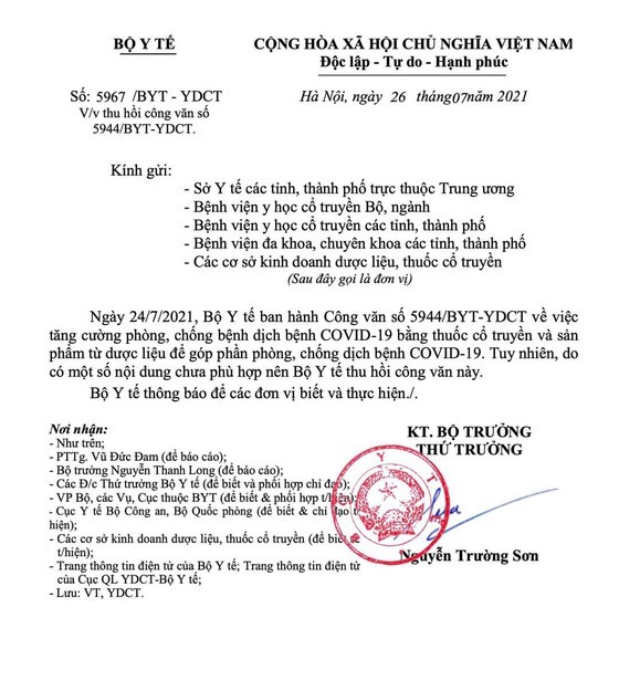 Huy cong van 12 thuoc ho tro dieu tri COVID-19 lien quan gi Cty Nhat Nhat, Sao Thai Duong?