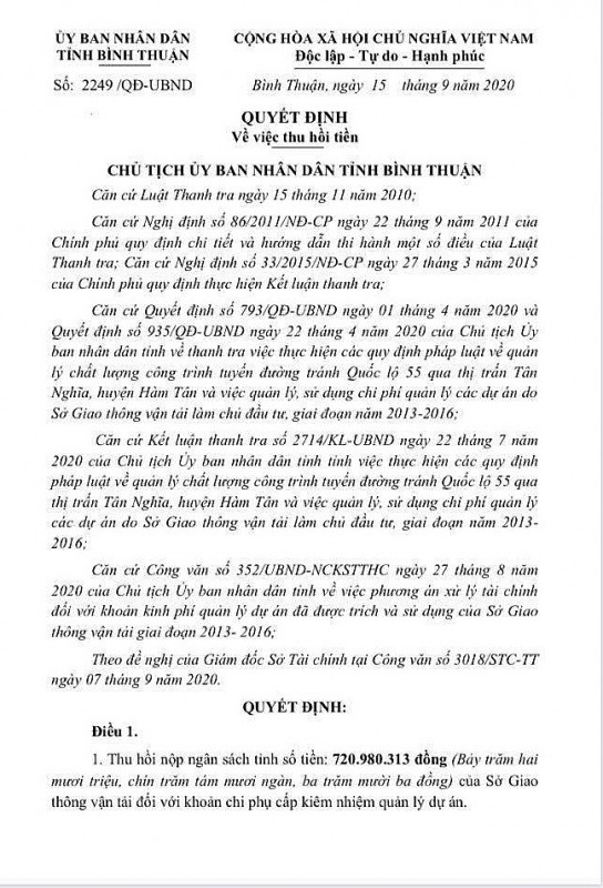 Binh Thuan: Yeu cau So Giao thong Van tai thu hoi khoan 15% chi phi quan ly du an giai doan 2013-2016