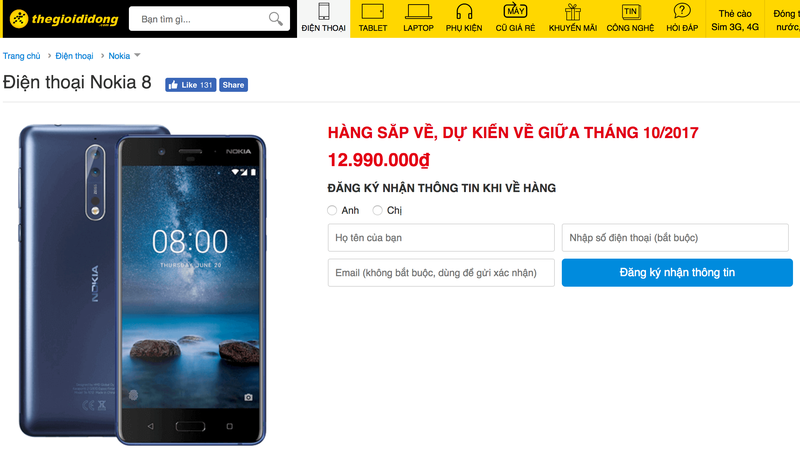 Nokia 8 lo gia ban tai Viet Nam, giua thang 10 co hang
