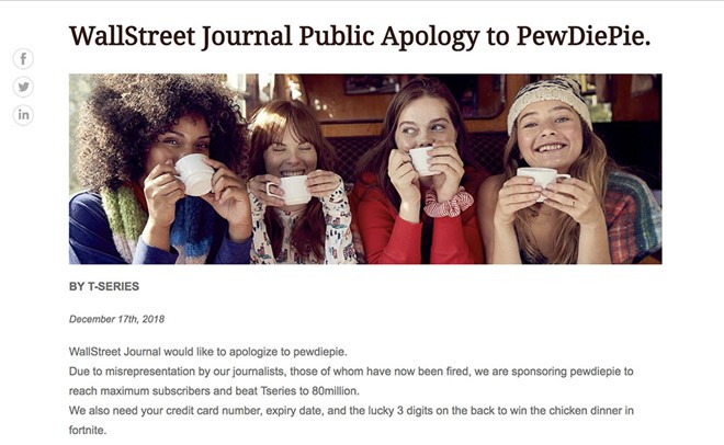 To Wall Street Journal bi hack, dang loi xin loi PewDiePie