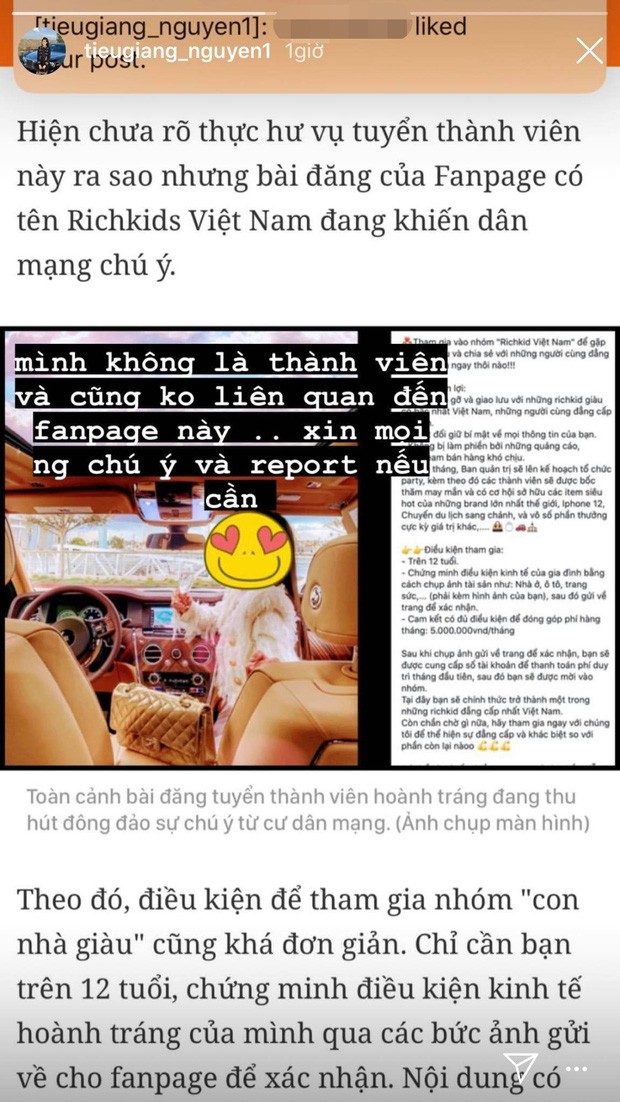 Bi fanpage rich kid lay anh tuyen hoi vien 5 trieu/thang, Tieu Giang noi gi?-Hinh-2