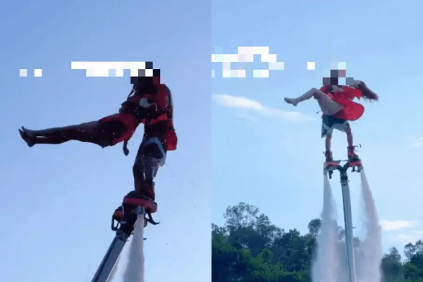 Choi flyboard gai xinh mac vay ngan bi toc nguoc 