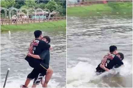 Choi flyboard gai xinh mac vay ngan bi toc nguoc 