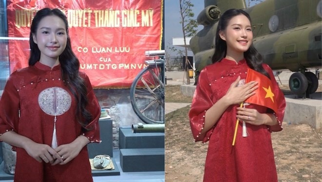 Doan Hai My dien ao dai tham quan Bao tang quan su Viet Nam