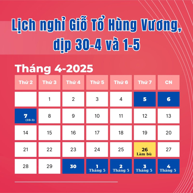 Thang 4/2025, nguoi lao dong co 8 ngay nghi le dai