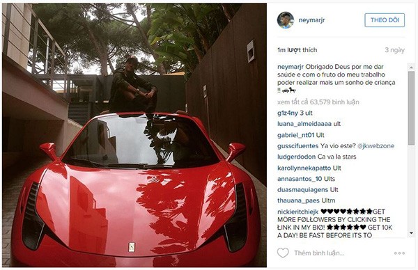 Sao bong da Neymar Jr. “tau” sieu xe Ferrari 458 Spider