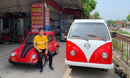 Nam sinh cap 3 lap rap oto dien dang Volkswagen o Nam Dinh
