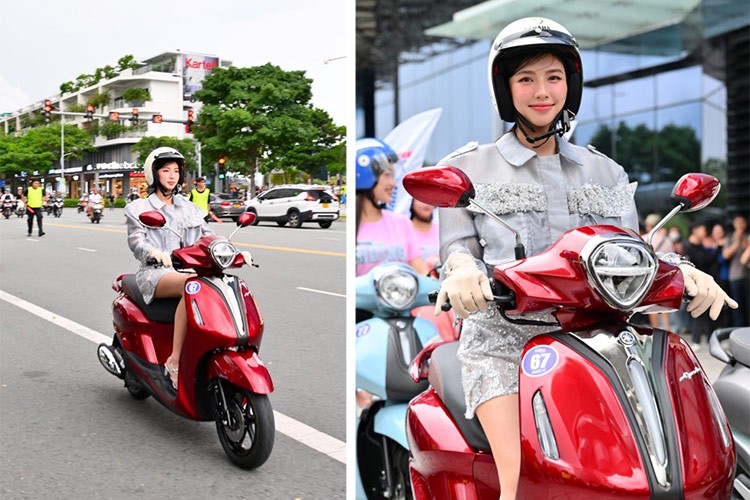 Hoa hau Thuy Tien dan doan xe may Yamaha tren pho Sai Gon