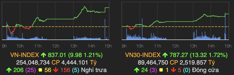 HPG va HSG dong loat tang tran, VN-Index tro lai sac xanh