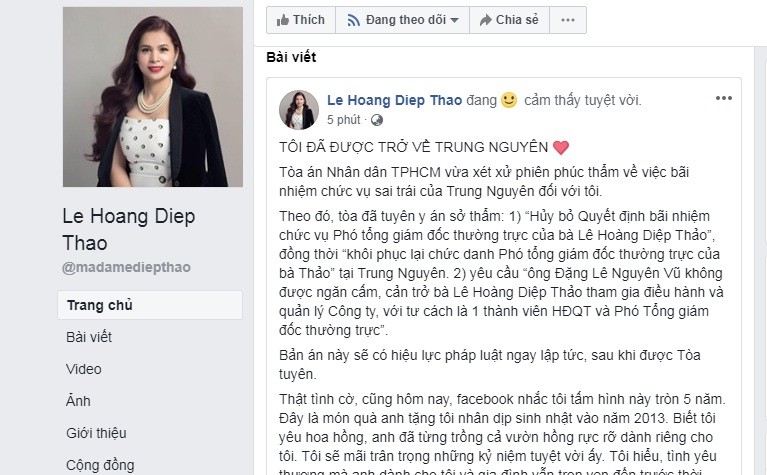 Ba Le Hoang Diep Thao duoc khoi phuc chuc danh PTGD Trung Nguyen