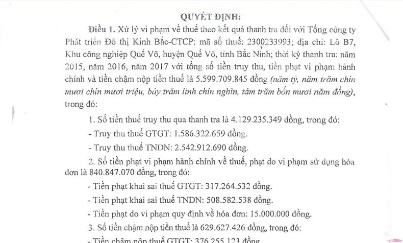 Cong ty Phat trien do thi Kinh Bac bi truy thu thue gan 6 ty