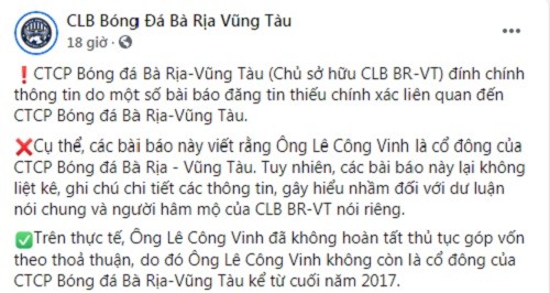 CLB Ba Ria - Vung Tau noi gi viec Cong Vinh la co dong gop von?