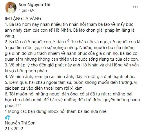 Doanh nhan Nguyen Thi Son noi gi truoc lum xum cua con re Ho Nhan?