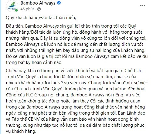 Vu ong Trinh Van Quyet khong anh huong den hoat dong cua Bamboo Airways